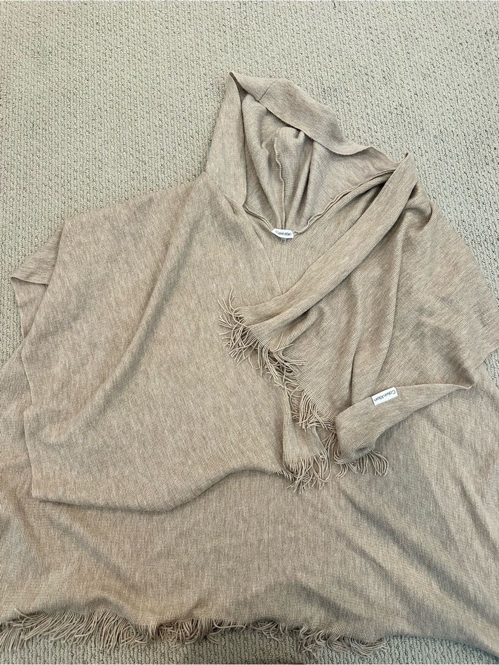 Calvin Klein Hooded Fringe Poncho Sweater - Taupe